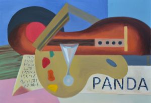 Still Life with Panda – Cubism Style / oil on canvas with a cut-out text / 50 x 70 cm / 2016